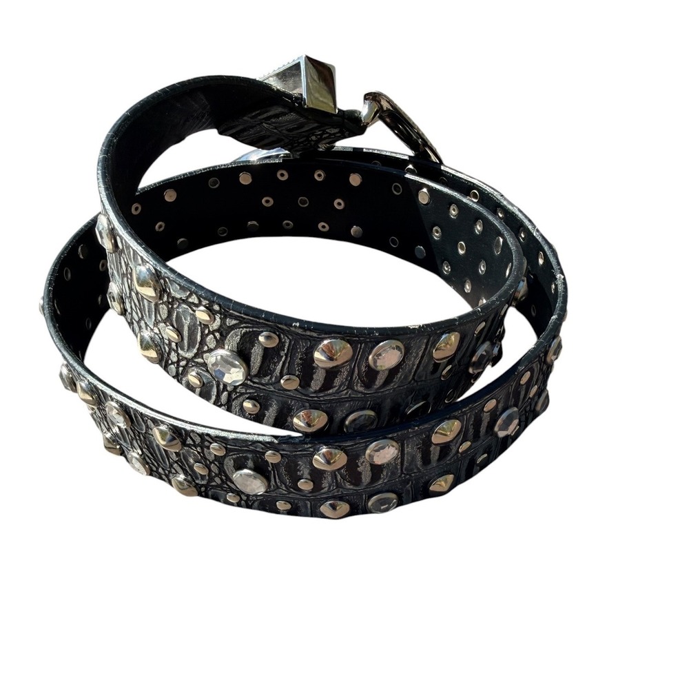 Western Croc‎ Embossed Studded Rhinestone Belt Black Silver Embossed Buckle